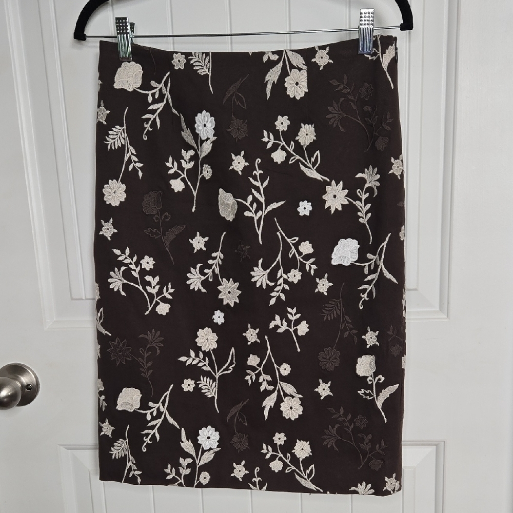 Etcetera Cream & Chocolate Brown Embroidered Cotton Pencil Skirt – Boho Elegance - Picture 2 of 11